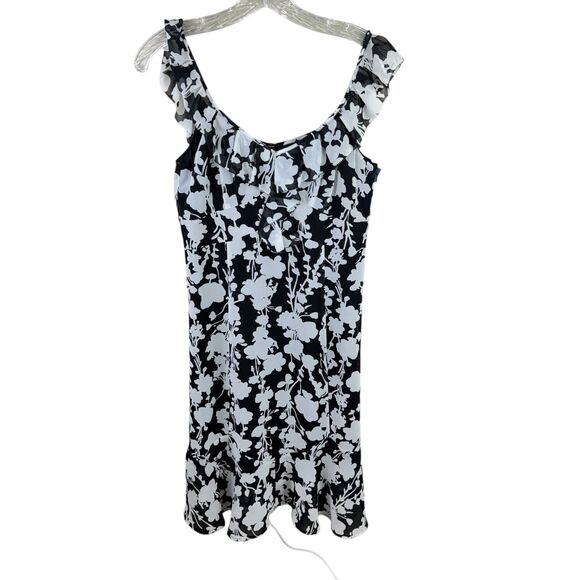 Ann Taylor Loft Womens Black White Floral Sleeveless Mini Dress Size 2 Ruffle - Picture 2 of 4